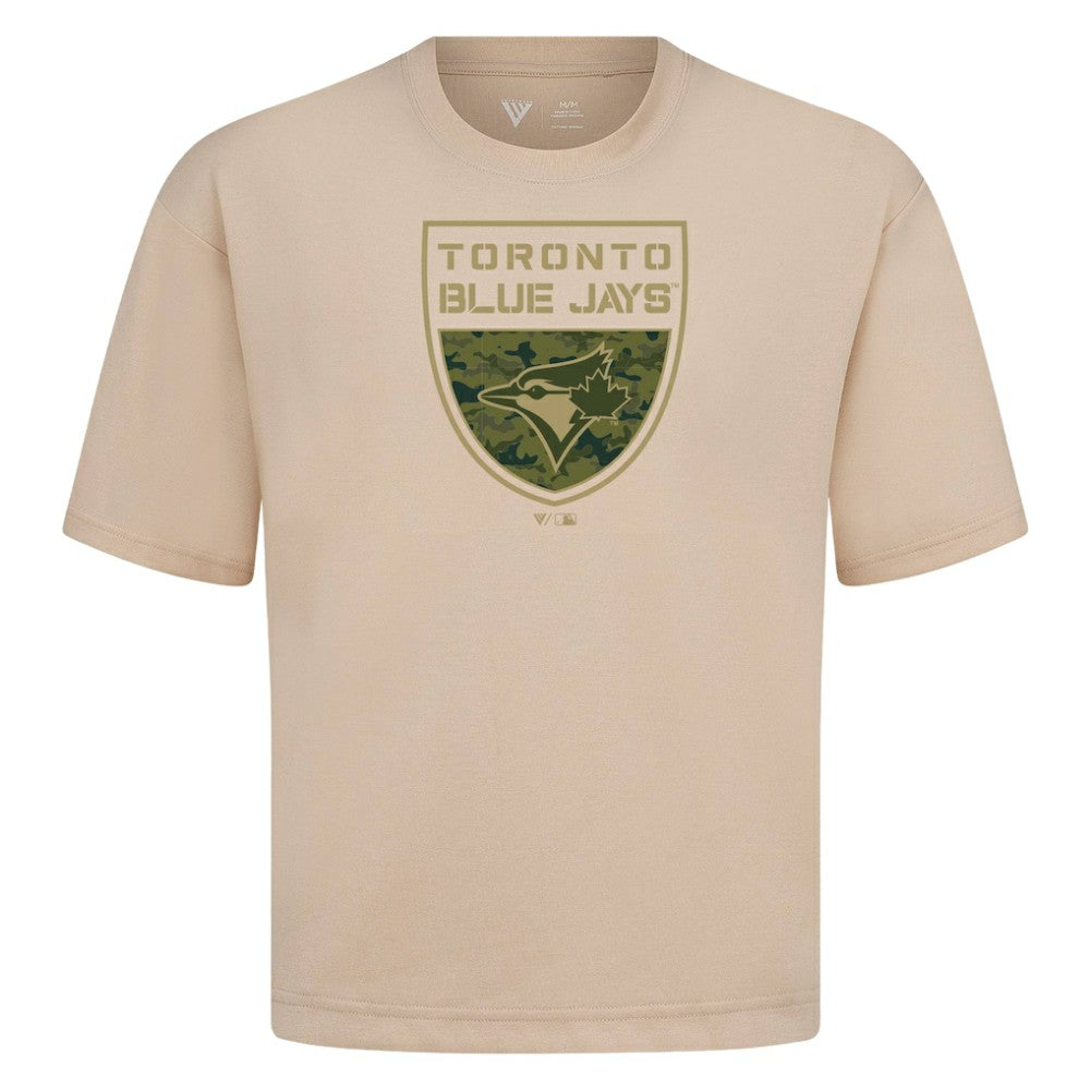 Toronto Blue Jays Levelwear Oversized Luxe Signature Knit Buckler T-Shirt | MLB For sale
