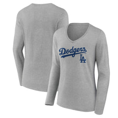 Los Angeles Dodgers Women's Team Lockup Long Sleeve V-Neck T-Shirt | MLB New