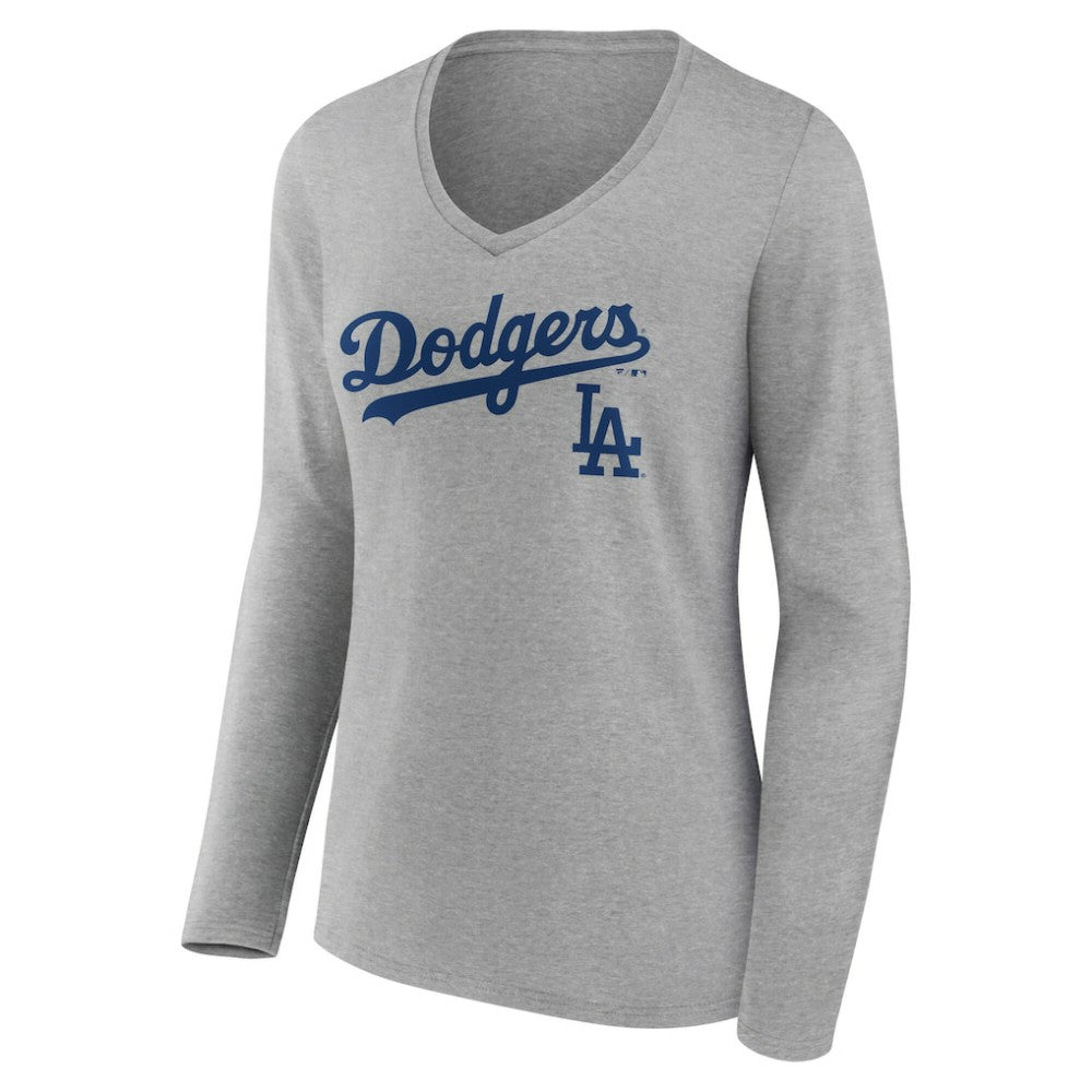 Los Angeles Dodgers Women's Team Lockup Long Sleeve V-Neck T-Shirt | MLB New