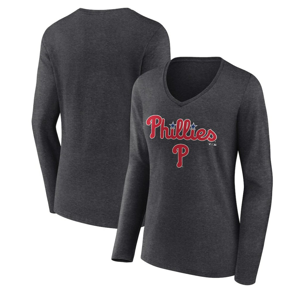 Philadelphia Phillies Women's Team Lockup Long Sleeve V-Neck T-Shirt | MLB Shop
