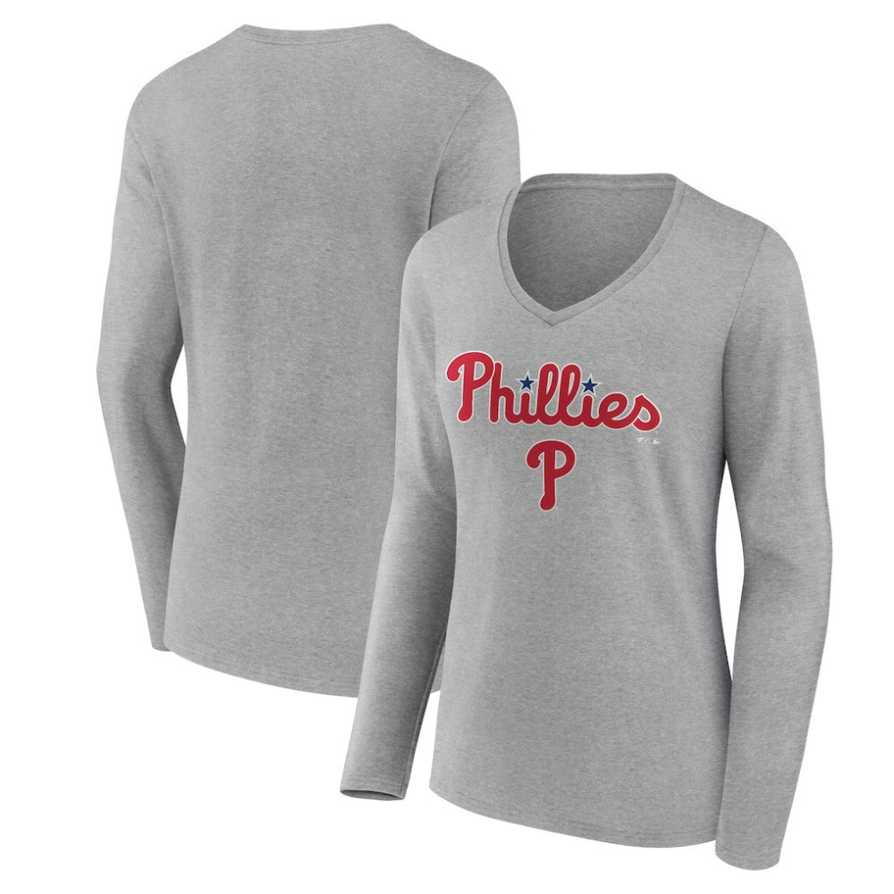 Philadelphia Phillies Women's Team Lockup Long Sleeve V-Neck T-Shirt | MLB Shop
