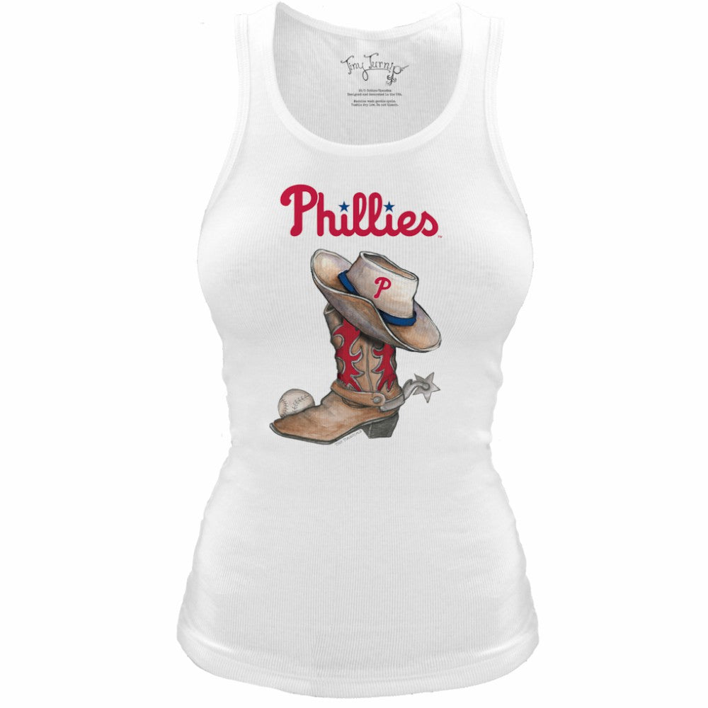 Philadelphia Phillies Tiny Turnip Women's Fitted Vintage Cowboy Boot Tri-Blend Tank Top | MLB On Sale