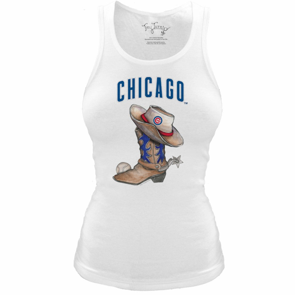 Chicago Cubs Tiny Turnip Women's Fitted Vintage Cowboy Boot Tri-Blend Tank Top | MLB For sale