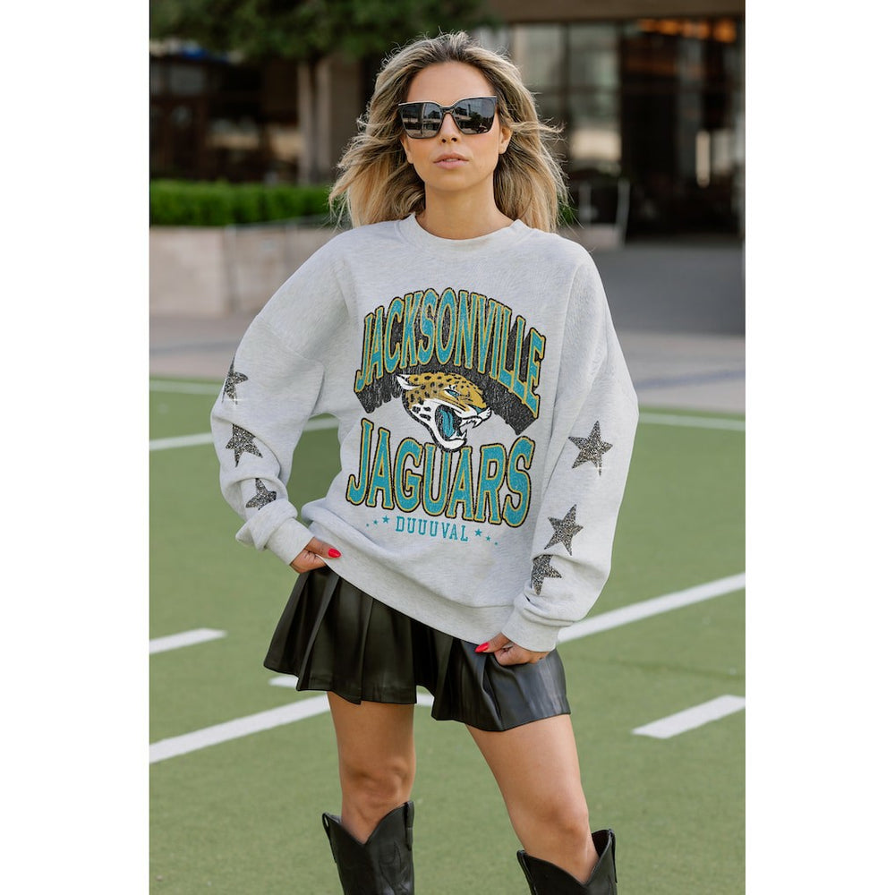 Jacksonville Jaguars  Gameday Couture Women's Resilience Relaxed Rhinestone Pullover Sweatshirt