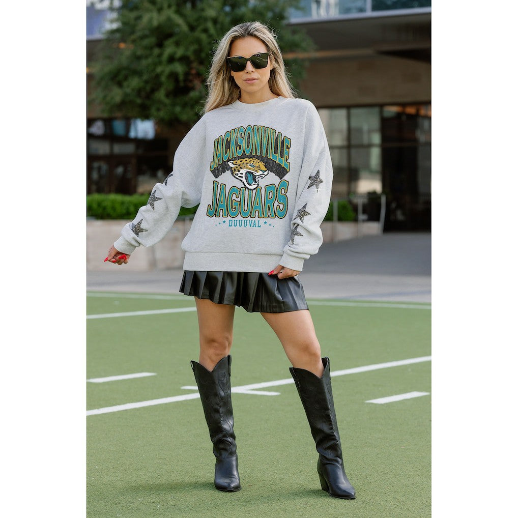 Jacksonville Jaguars  Gameday Couture Women's Resilience Relaxed Rhinestone Pullover Sweatshirt