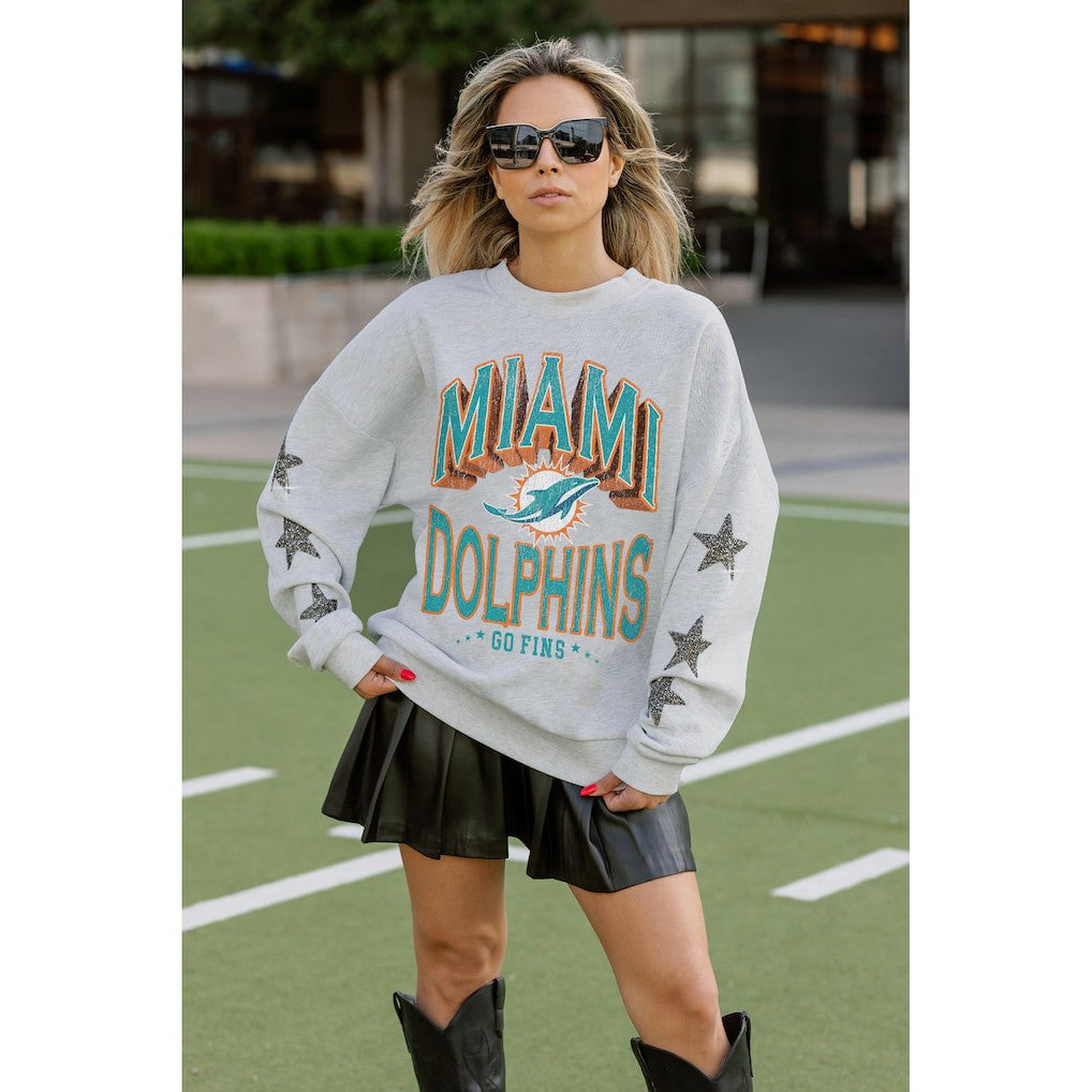 Miami Dolphins  Gameday Couture Women's Resilience Relaxed Rhinestone Pullover Sweatshirt
