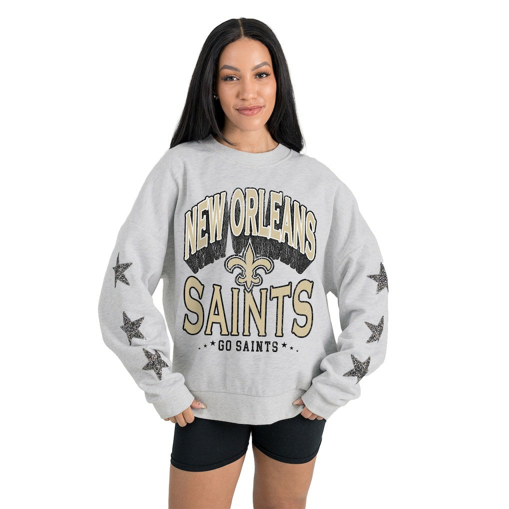 New Orleans Saints  Gameday Couture Women's Resilience Relaxed Rhinestone Pullover Sweatshirt