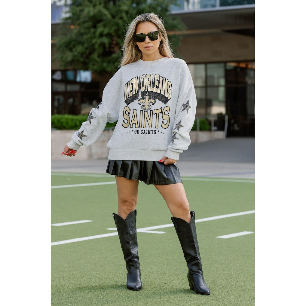 New Orleans Saints  Gameday Couture Women's Resilience Relaxed Rhinestone Pullover Sweatshirt