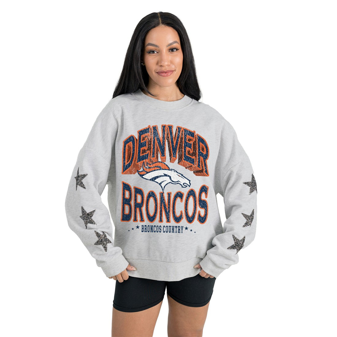 Denver Broncos  Gameday Couture Women's Resilience Relaxed Rhinestone Pullover Sweatshirt