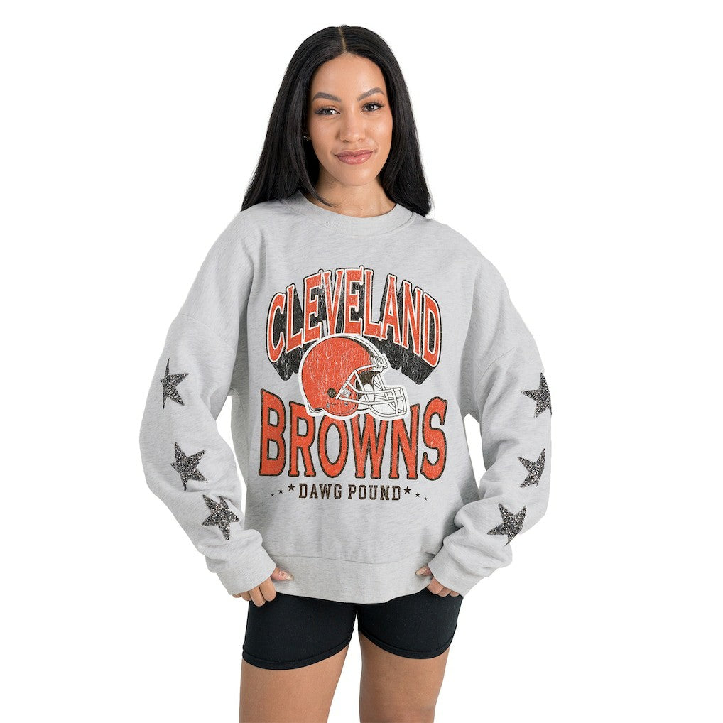 Cleveland Browns  Gameday Couture Women's Resilience Relaxed Rhinestone Pullover Sweatshirt