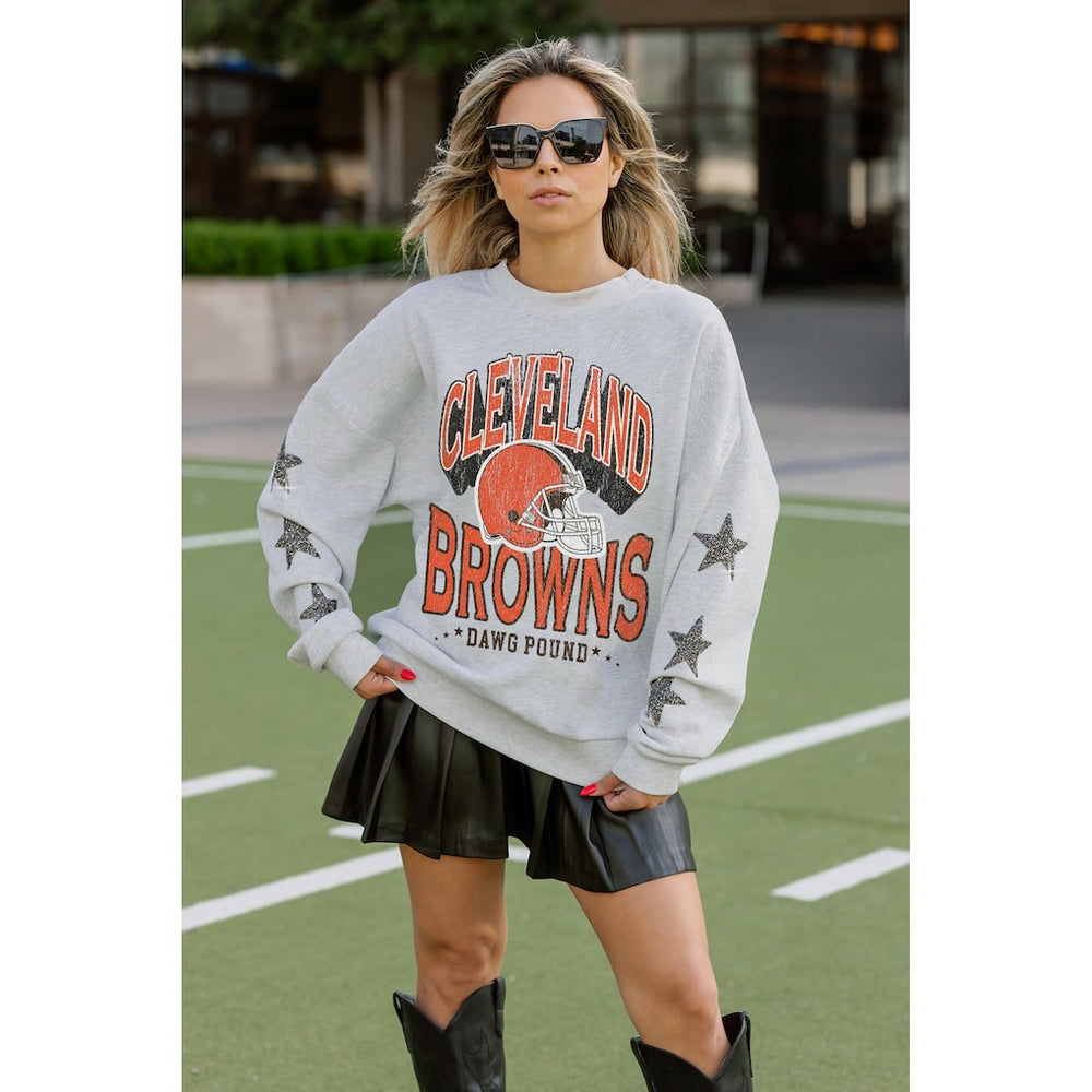 Cleveland Browns  Gameday Couture Women's Resilience Relaxed Rhinestone Pullover Sweatshirt