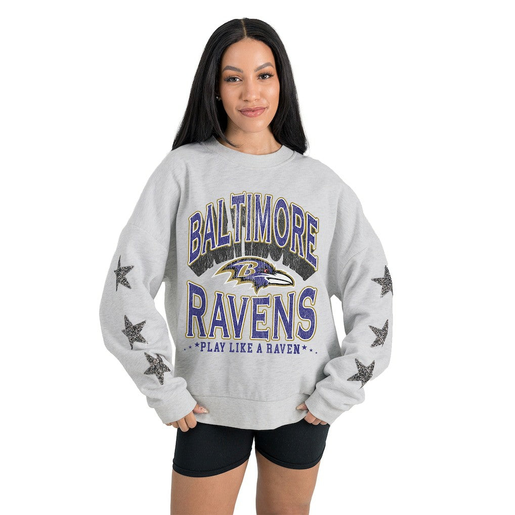 Baltimore Ravens  Gameday Couture Women's Resilience Relaxed Rhinestone Pullover Sweatshirt