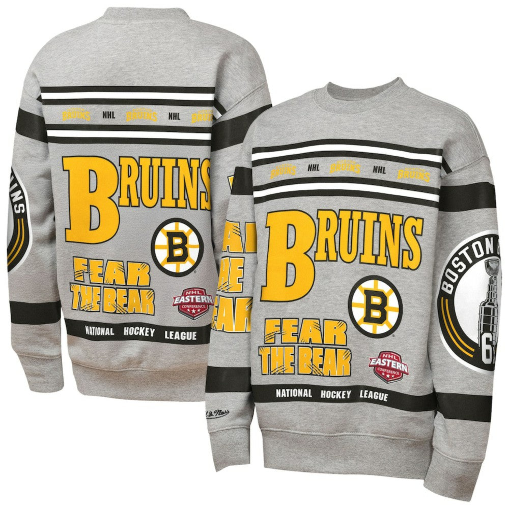 Boston Bruins Mitchell & Ness Youth Allover Print Fleece Crewneck Sweatshirt Sale