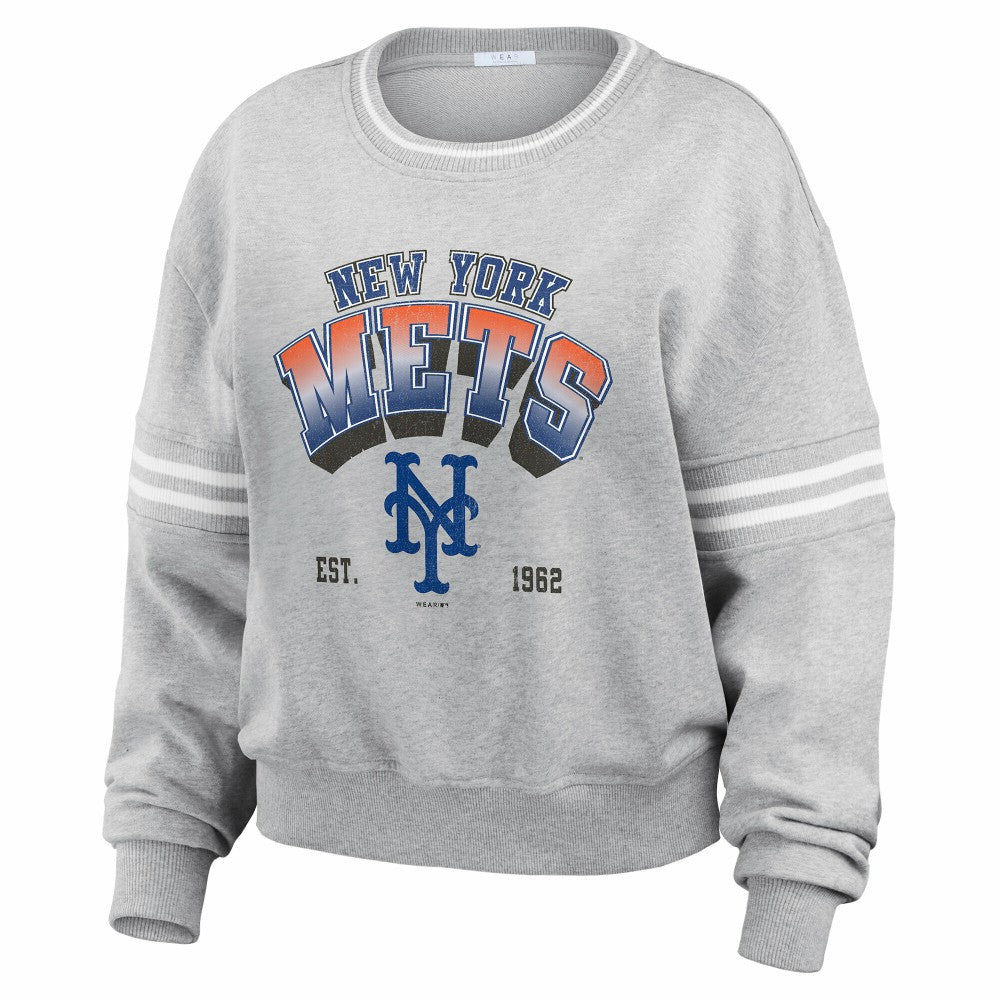 New York Mets WEAR by Erin Andrews Women's Sleeve Stripe Fleece Sweatshirt | MLB Online