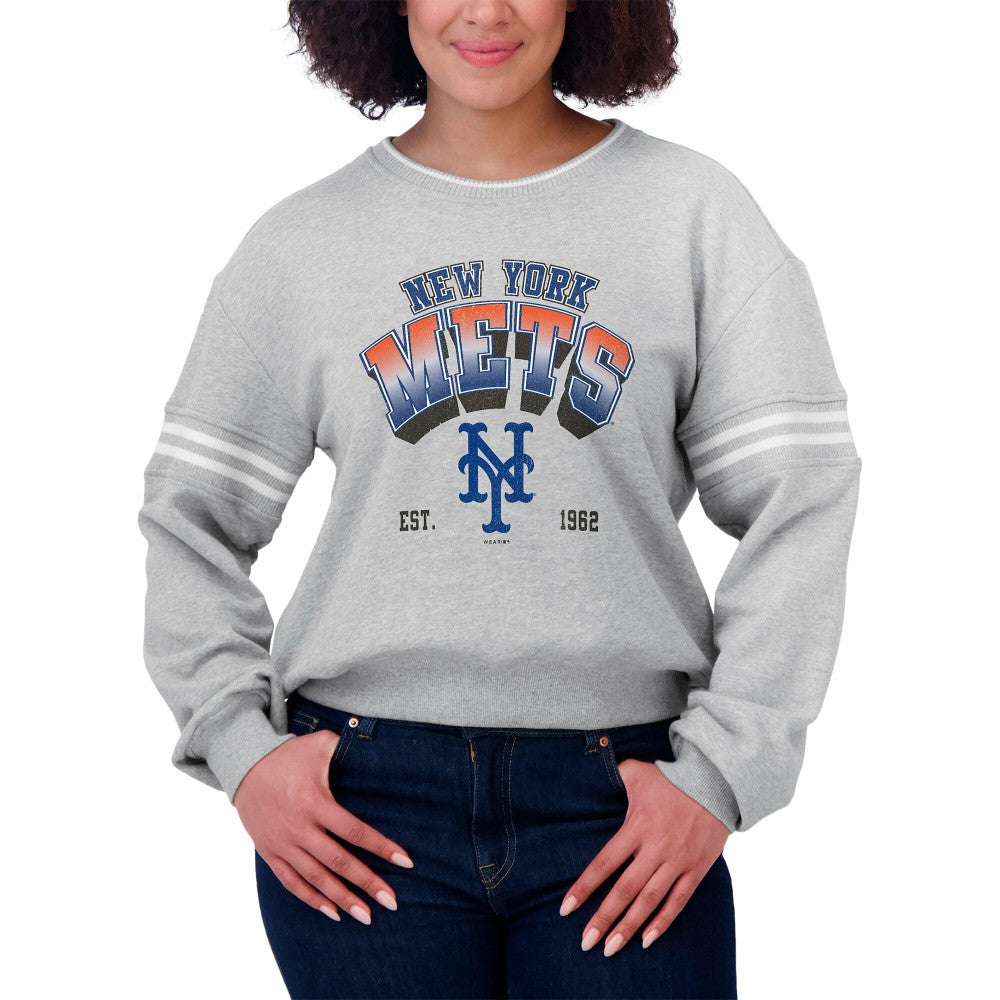 New York Mets WEAR by Erin Andrews Women's Sleeve Stripe Fleece Sweatshirt | MLB Online