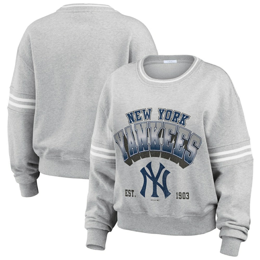 New York Yankees WEAR by Erin Andrews Women's Sleeve Stripe Fleece Crewneck Sweatshirt | MLB Near me