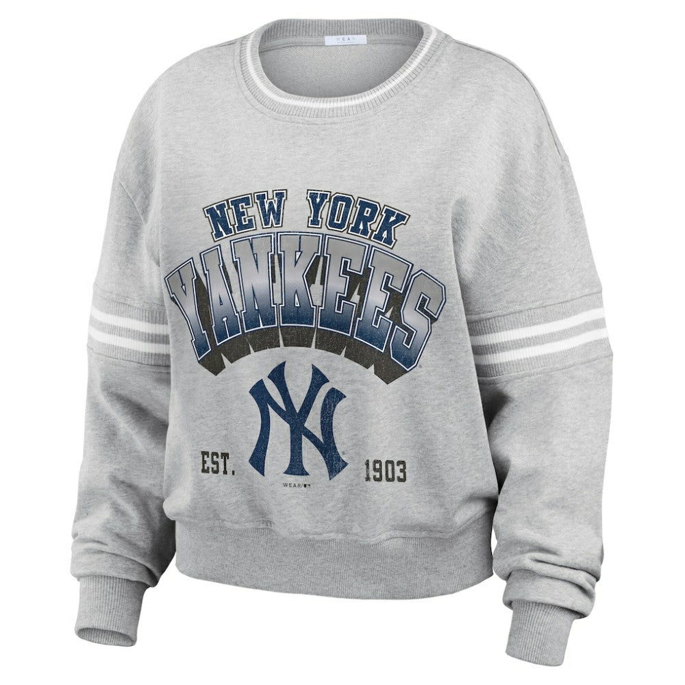 New York Yankees WEAR by Erin Andrews Women's Sleeve Stripe Fleece Crewneck Sweatshirt | MLB Near me