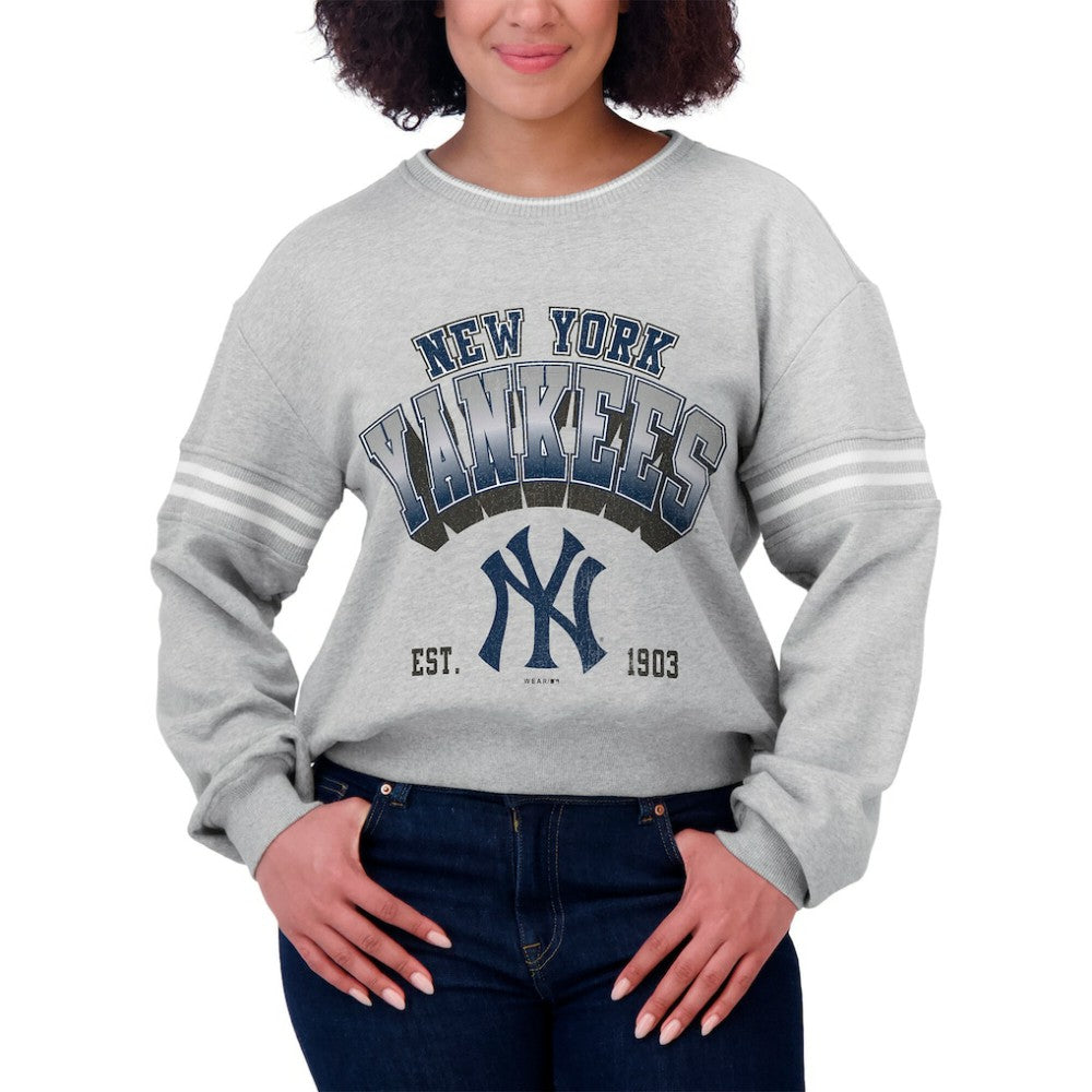 New York Yankees WEAR by Erin Andrews Women's Sleeve Stripe Fleece Crewneck Sweatshirt | MLB Near me