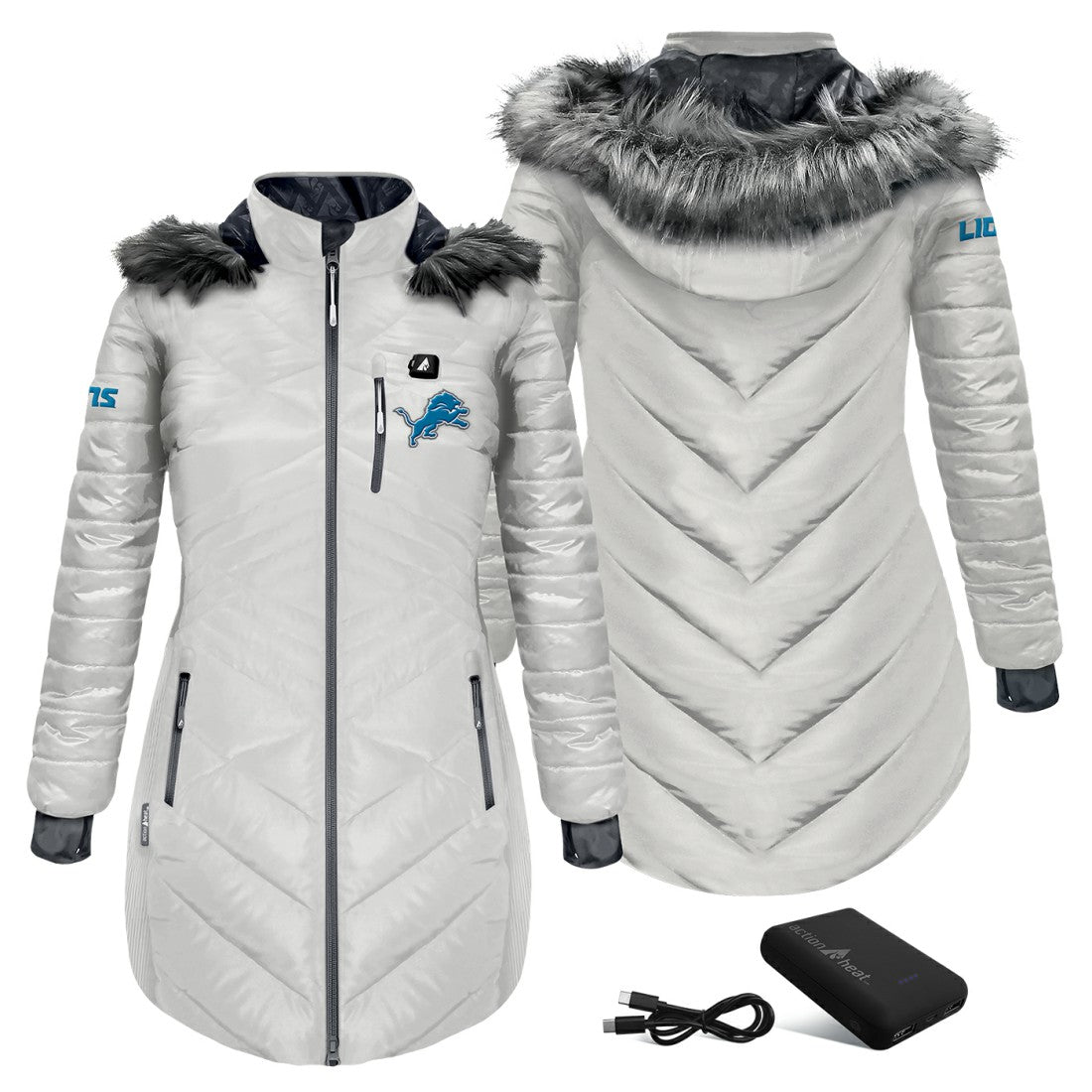 Detroit Lions  ActionHeat Women's 5V Battery Heated Long Puffer Full-Zip Hoodie Jacket