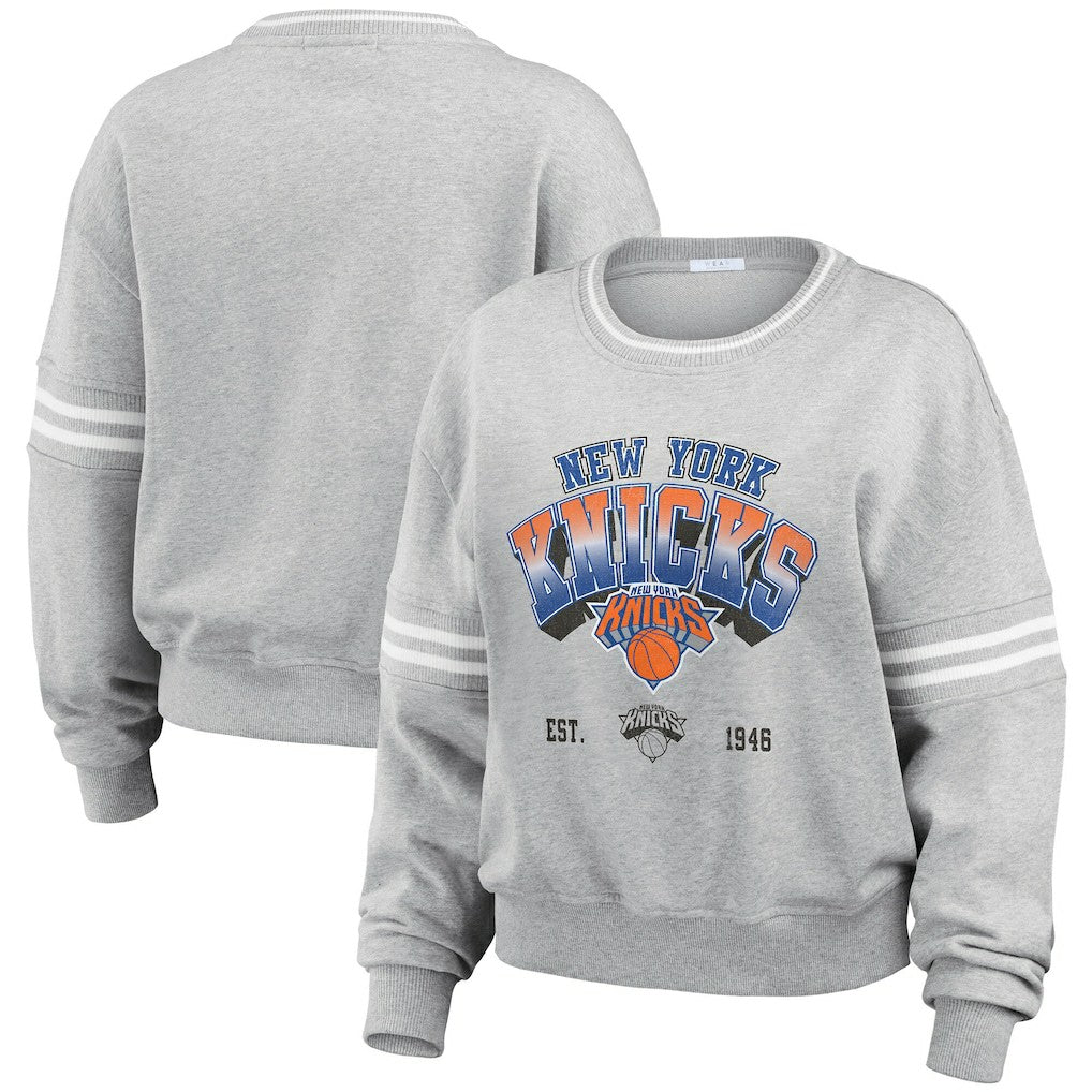 New York Knicks WEAR by Erin Andrews Women's Sleeve Stripe Fleece Crewneck Sweatshirt Online