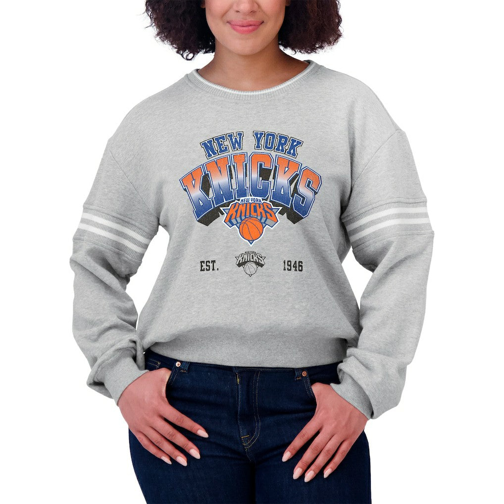 New York Knicks WEAR by Erin Andrews Women's Sleeve Stripe Fleece Crewneck Sweatshirt Online
