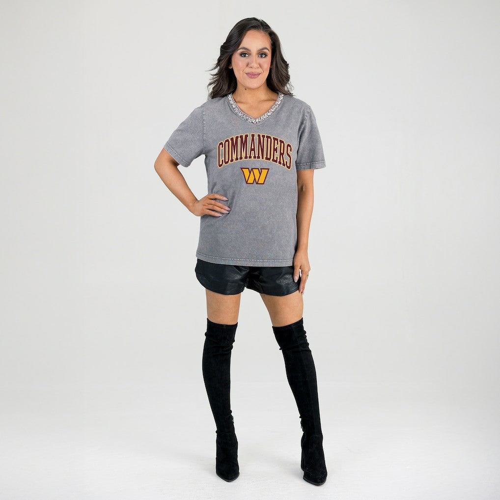 Washington Commanders  Gameday Couture Women's Relaxed Iconic Edge Rhinestone V-Neck T-Shirt
