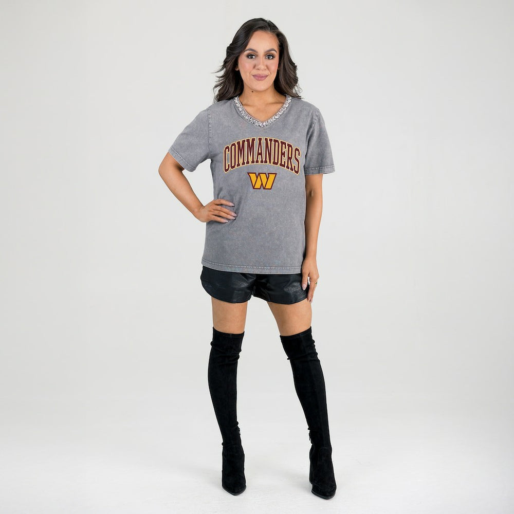 Washington Commanders  Gameday Couture Women's Relaxed Iconic Edge Rhinestone V-Neck T-Shirt