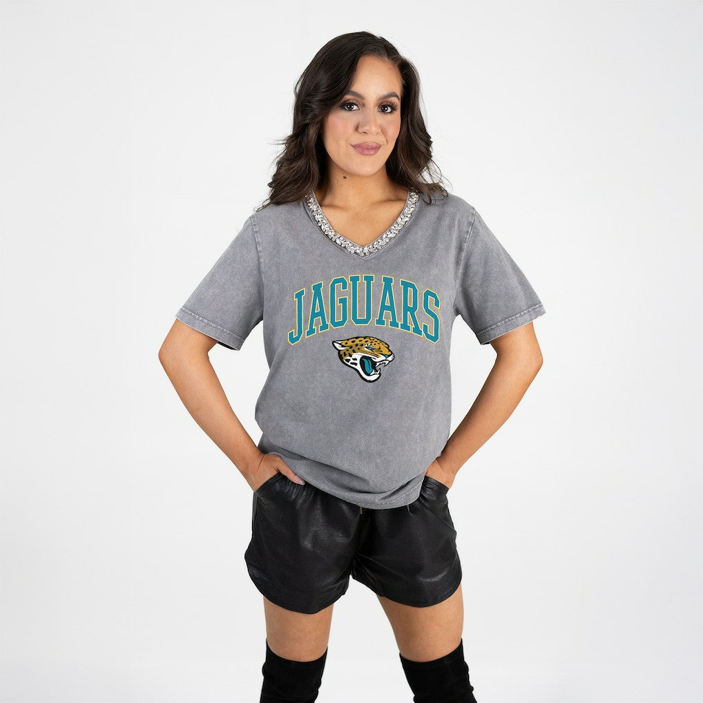 Jacksonville Jaguars  Gameday Couture Women's Relaxed Iconic Edge Rhinestone V-Neck T-Shirt