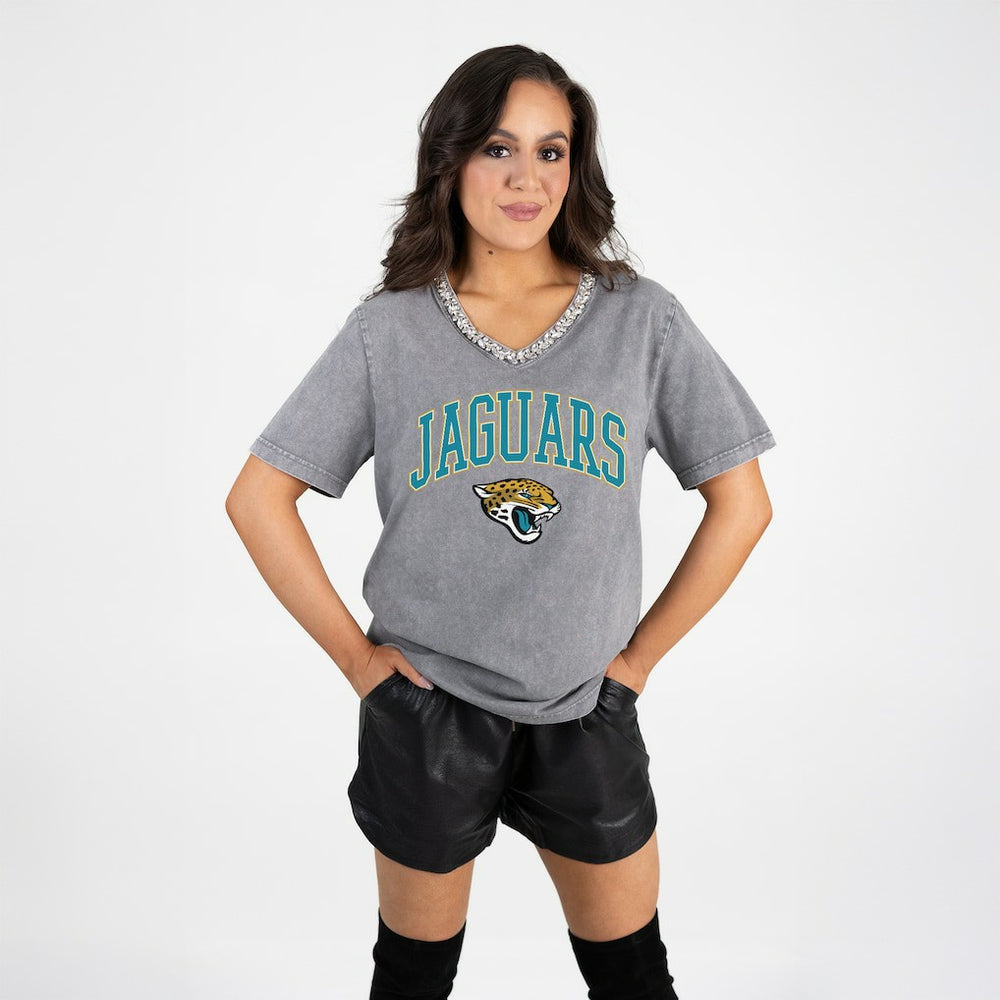 Jacksonville Jaguars  Gameday Couture Women's Relaxed Iconic Edge Rhinestone V-Neck T-Shirt
