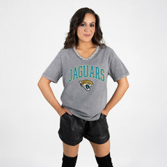 Jacksonville Jaguars  Gameday Couture Women's Relaxed Iconic Edge Rhinestone V-Neck T-Shirt