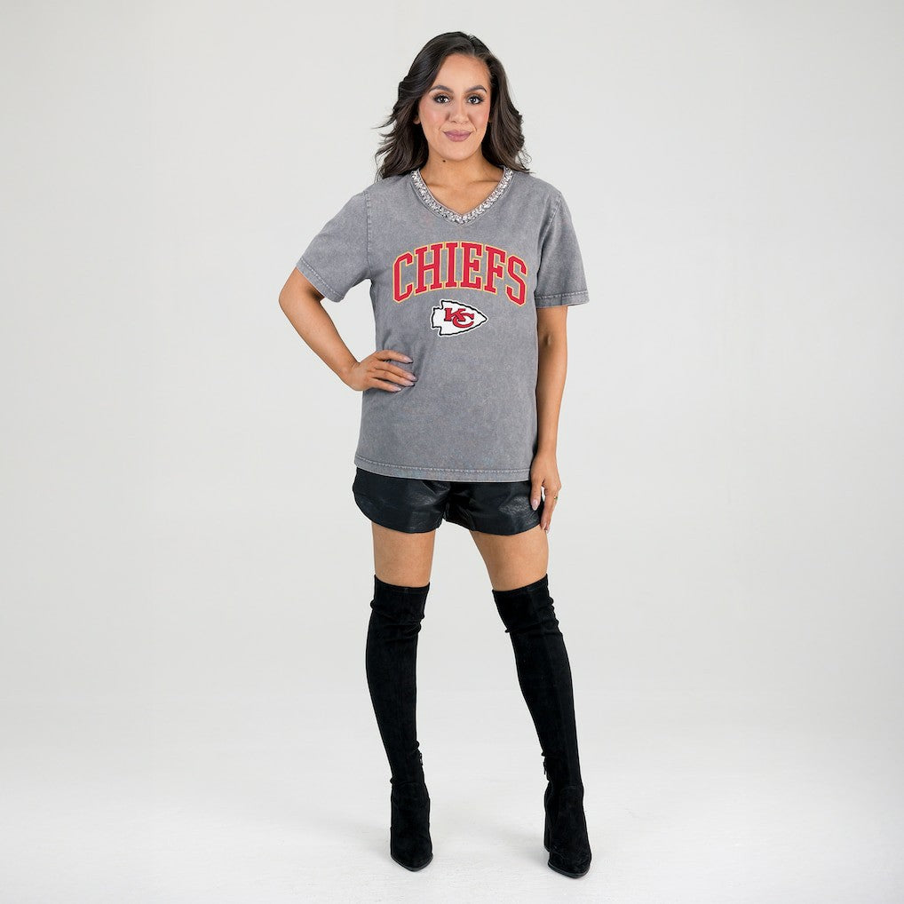 Kansas City Chiefs  Gameday Couture Women's Relaxed Iconic Edge Rhinestone V-Neck T-Shirt
