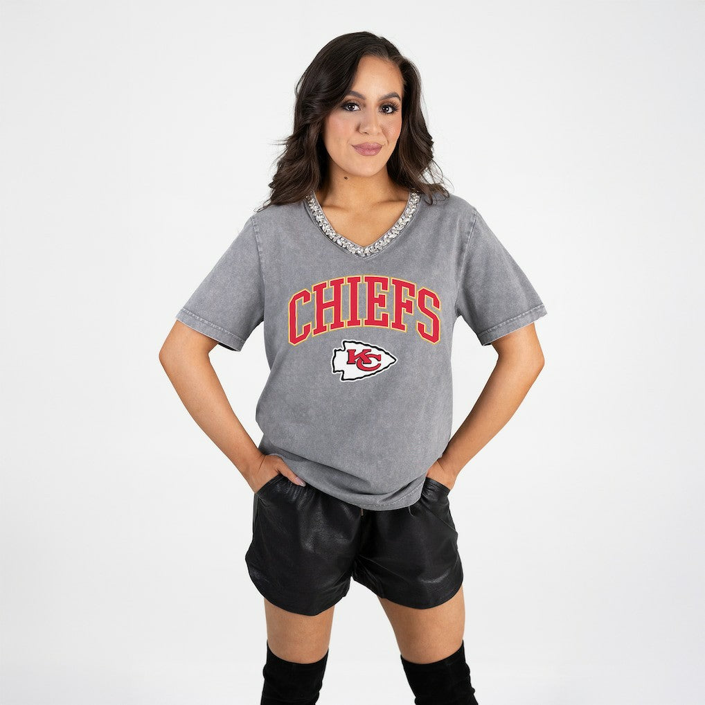 Kansas City Chiefs  Gameday Couture Women's Relaxed Iconic Edge Rhinestone V-Neck T-Shirt