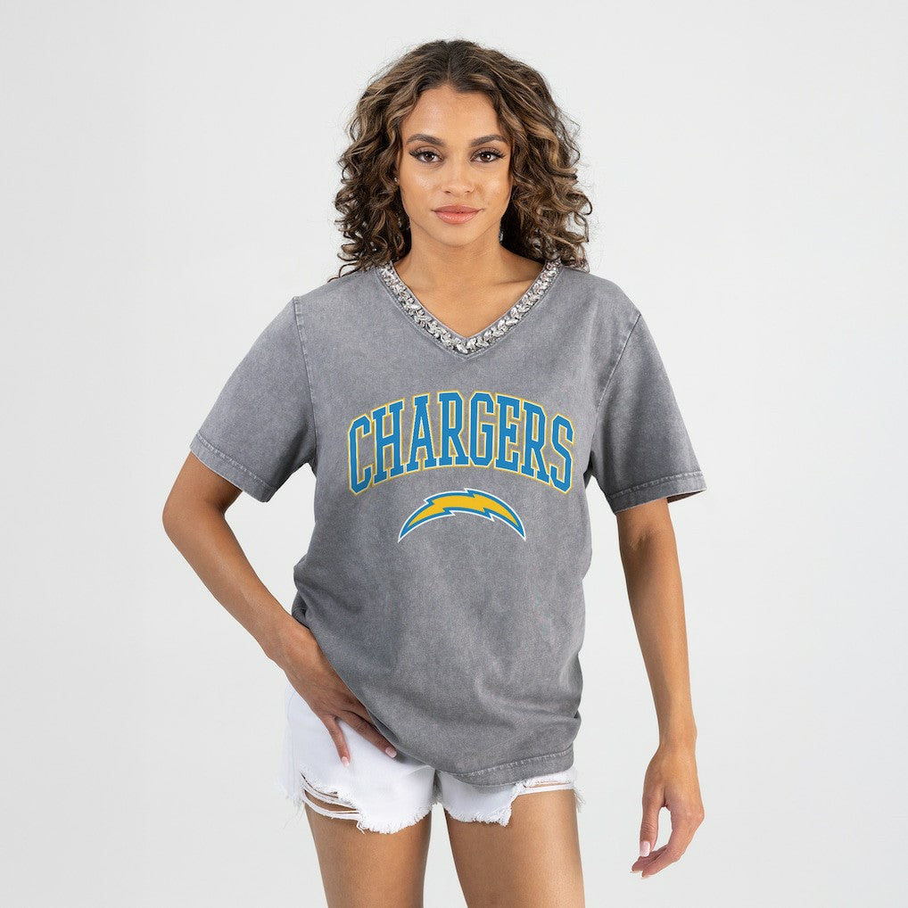 Los Angeles Chargers  Gameday Couture Women's Relaxed Iconic Edge Rhinestone V-Neck T-Shirt