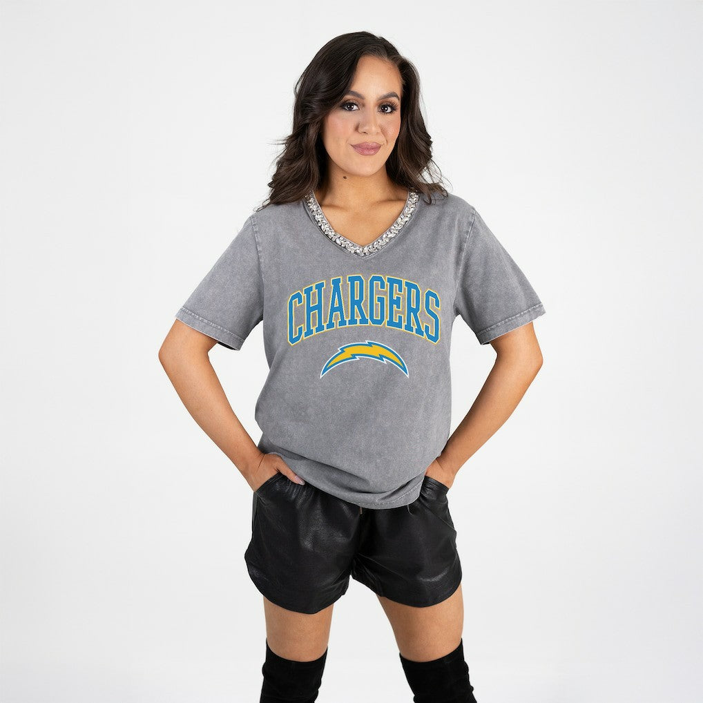 Los Angeles Chargers  Gameday Couture Women's Relaxed Iconic Edge Rhinestone V-Neck T-Shirt