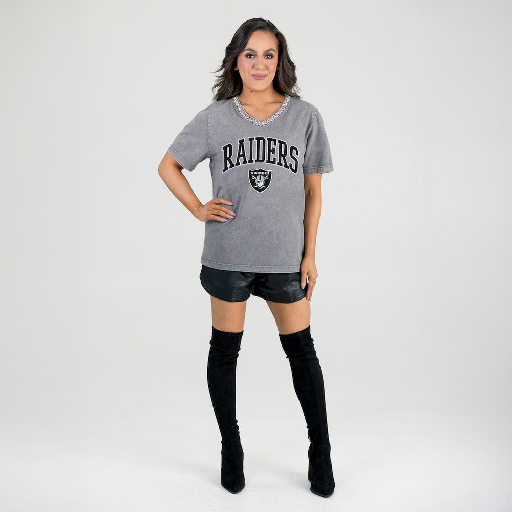 Las Vegas Raiders  Gameday Couture Women's Relaxed Iconic Edge Rhinestone V-Neck T-Shirt