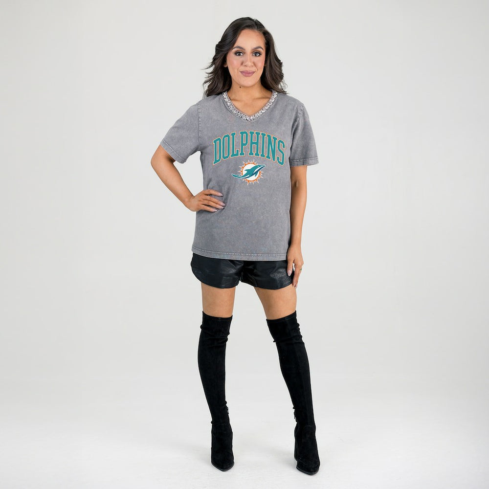 Miami Dolphins  Gameday Couture Women's Relaxed Iconic Edge Rhinestone V-Neck T-Shirt