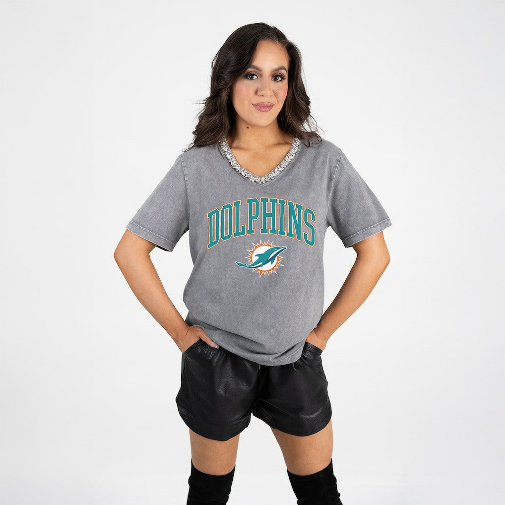 Miami Dolphins  Gameday Couture Women's Relaxed Iconic Edge Rhinestone V-Neck T-Shirt