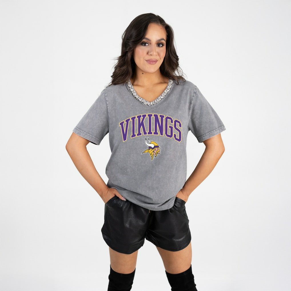 Minnesota Vikings  Gameday Couture Women's Relaxed Iconic Edge Rhinestone V-Neck T-Shirt