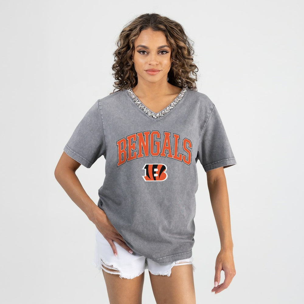 Cincinnati Bengals  Gameday Couture Women's Relaxed Iconic Edge Rhinestone V-Neck T-Shirt