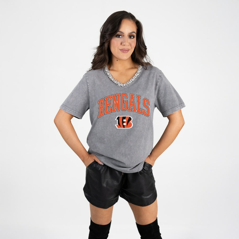 Cincinnati Bengals  Gameday Couture Women's Relaxed Iconic Edge Rhinestone V-Neck T-Shirt