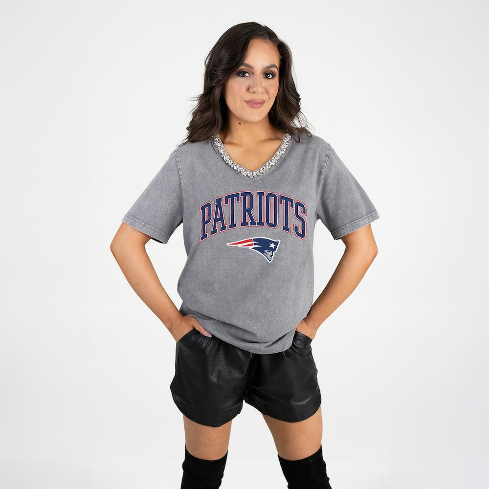 New England Patriots  Gameday Couture Women's Relaxed Iconic Edge Rhinestone V-Neck T-Shirt