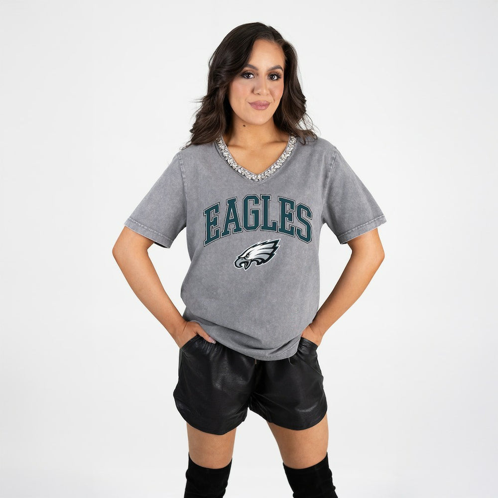 Philadelphia Eagles  Gameday Couture Women's Relaxed Iconic Edge Rhinestone V-Neck T-Shirt