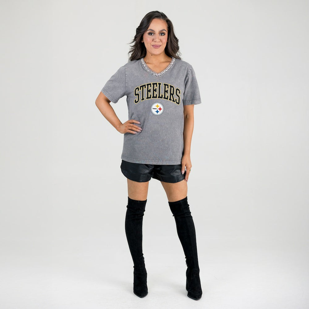 Pittsburgh Steelers  Gameday Couture Women's Relaxed Iconic Edge Rhinestone V-Neck T-Shirt