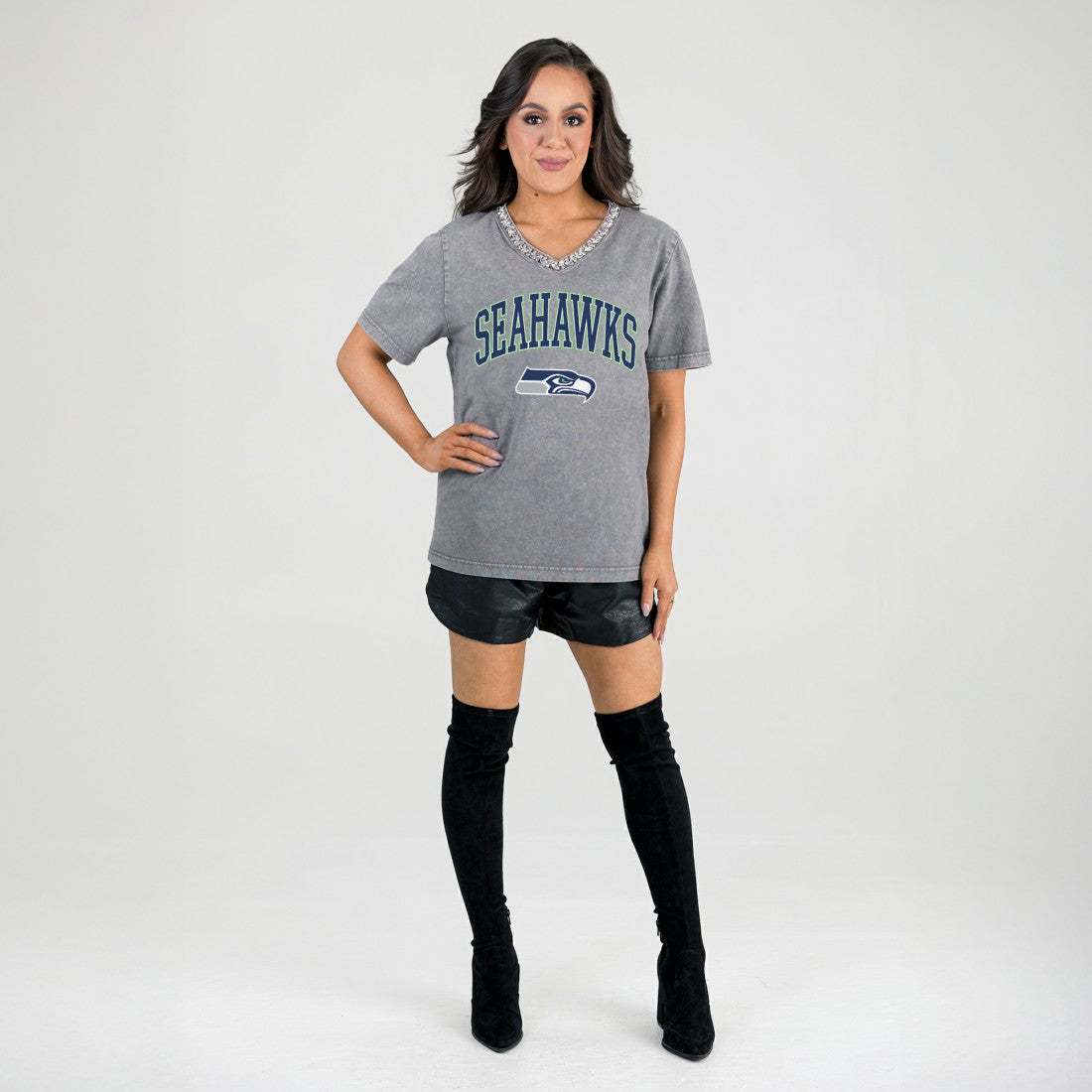 Seattle Seahawks  Gameday Couture Women's Relaxed Iconic Edge Rhinestone V-Neck T-Shirt