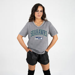Seattle Seahawks  Gameday Couture Women's Relaxed Iconic Edge Rhinestone V-Neck T-Shirt
