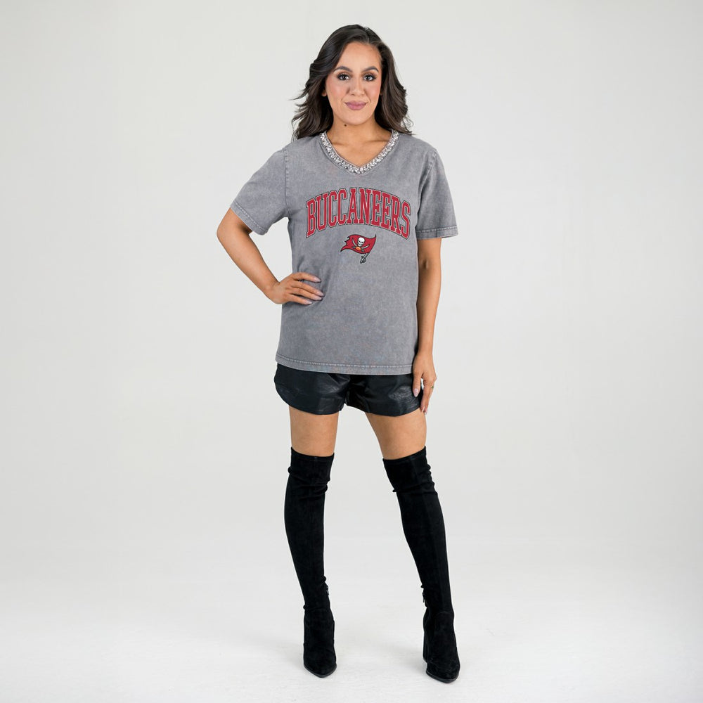 Tampa Bay Buccaneers  Gameday Couture Women's Relaxed Iconic Edge Rhinestone V-Neck T-Shirt
