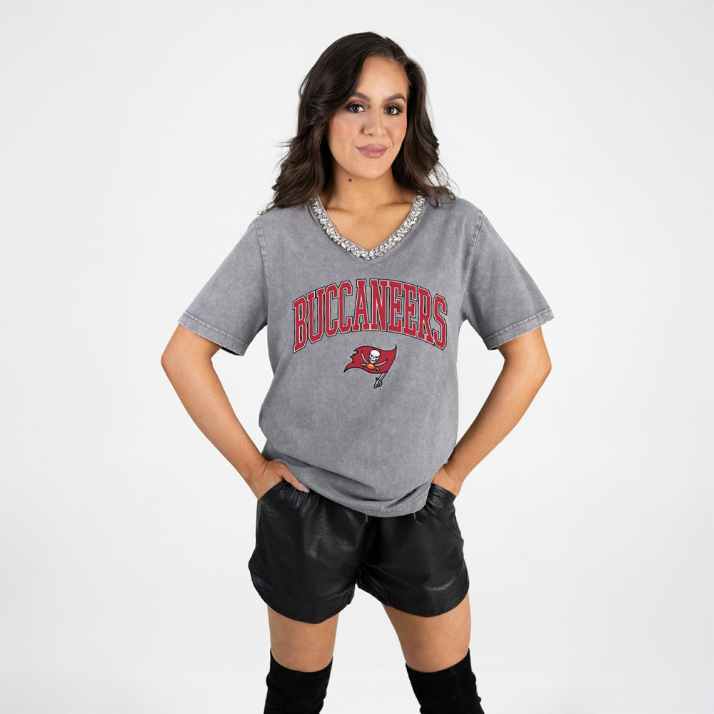 Tampa Bay Buccaneers  Gameday Couture Women's Relaxed Iconic Edge Rhinestone V-Neck T-Shirt