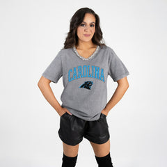 Carolina Panthers  Gameday Couture Women's Relaxed Iconic Edge Rhinestone V-Neck T-Shirt