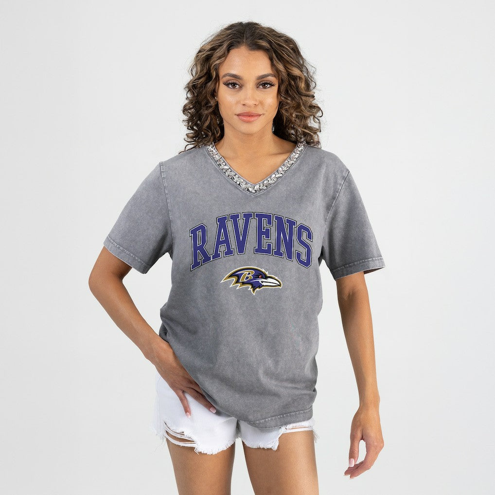 Baltimore Ravens  Gameday Couture Women's Relaxed Iconic Edge Rhinestone V-Neck T-Shirt