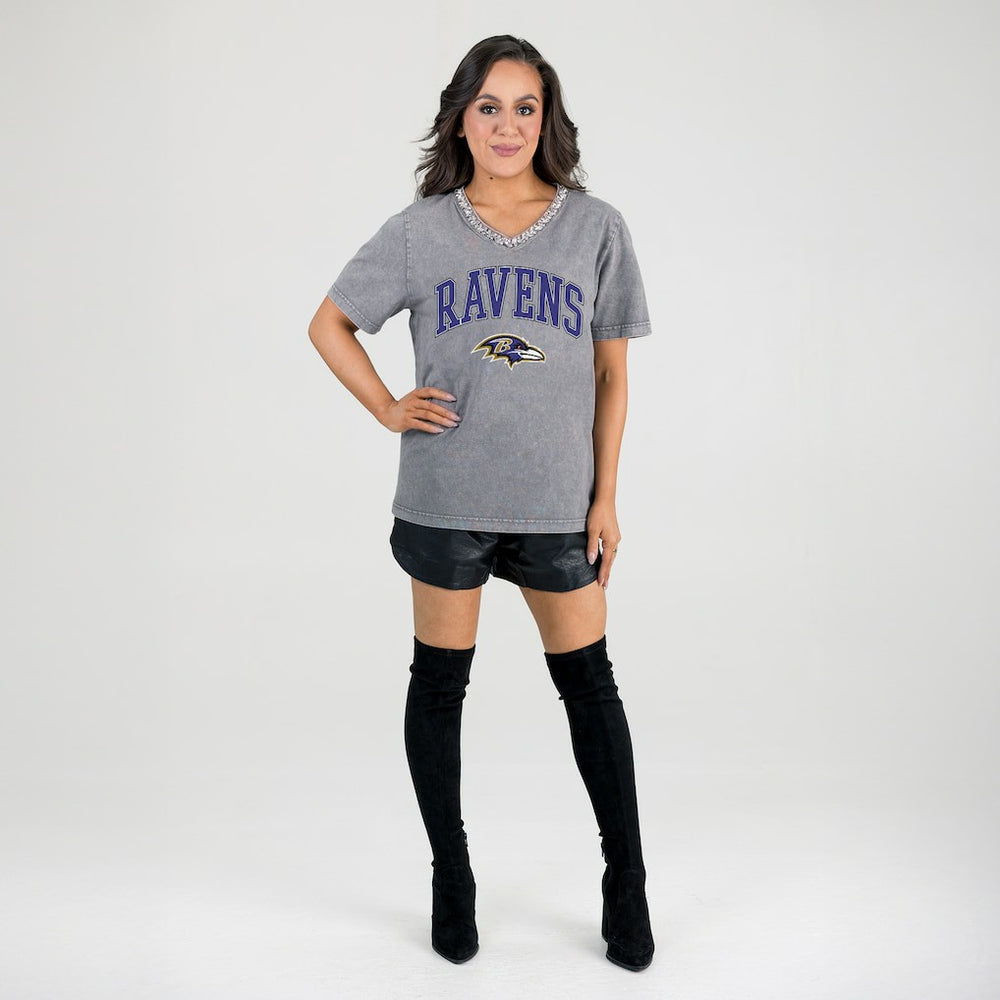 Baltimore Ravens  Gameday Couture Women's Relaxed Iconic Edge Rhinestone V-Neck T-Shirt